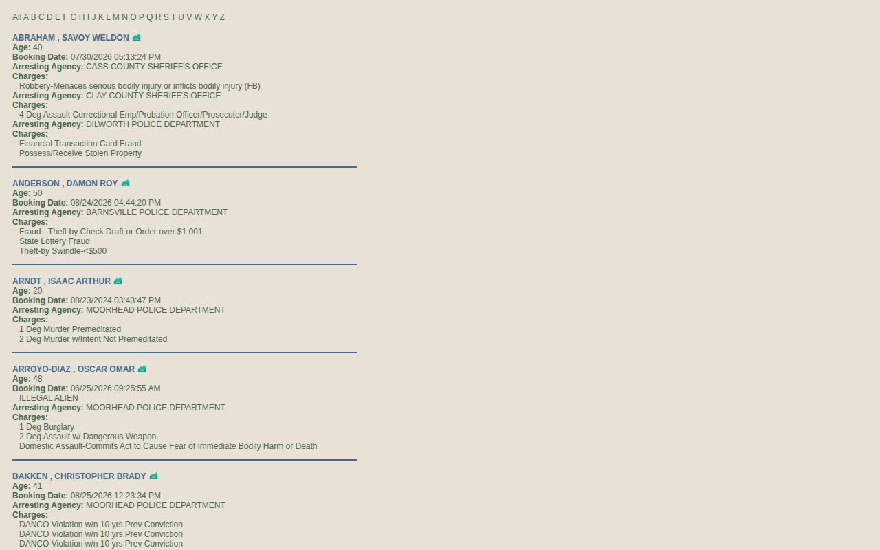 Clay County booking roster search interface