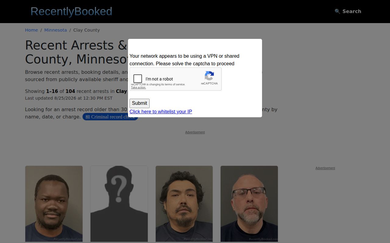 Clay County publisher arrest-record page with unofficial mugshot listings